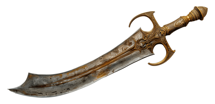 Ornate medieval sword with gold hilt, cut out - stock .. png
