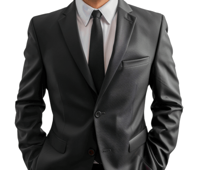 A man in a black suit and white shirt is wearing a black tie - stock .. png