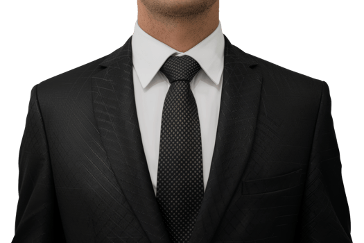 A man wearing a black suit and white shirt with a black tie - stock .. png