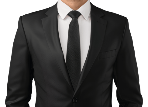 A man wearing a black suit and a white shirt with a black tie - stock .. png