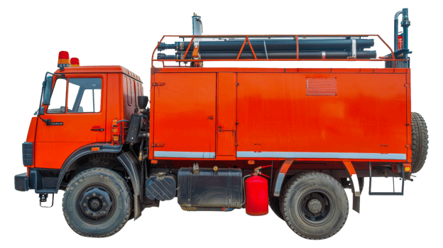 An orange fire truck with a red gas can on the back - stock .. png