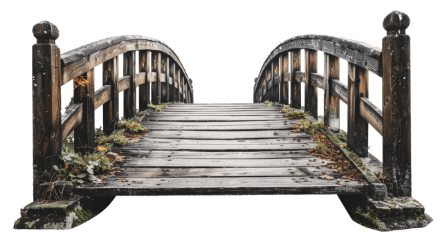 Rustic wooden bridge with arch design over a creek, cut out - stock .. png