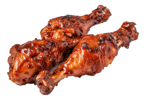 Two pieces of chicken with barbecue sauce on them - stock .. png