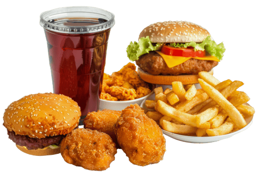 A plate of food and a drink with a burger and fries - stock .. png