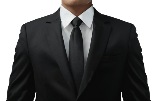 A man in a black suit and white shirt is wearing a black tie - stock .. png