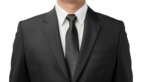 A man wearing a black suit and a white shirt with a black tie - stock .. png