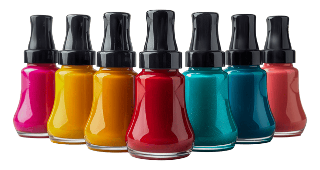 Colorful nail polish bottles lined up png