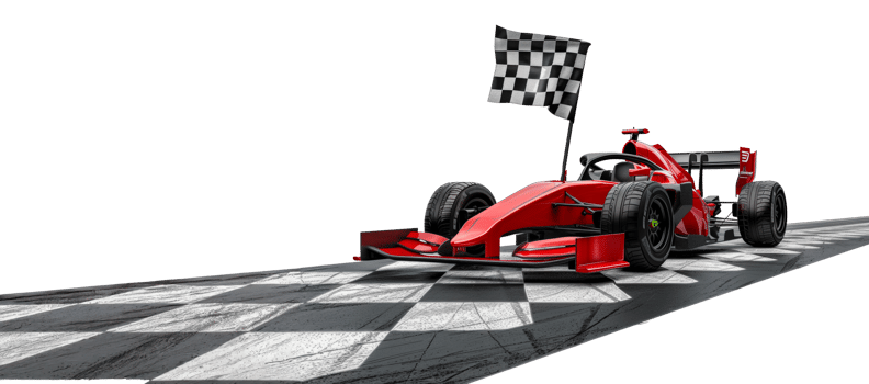 Red formula one racing car crossing checkered finish line, cut out - stock .. png