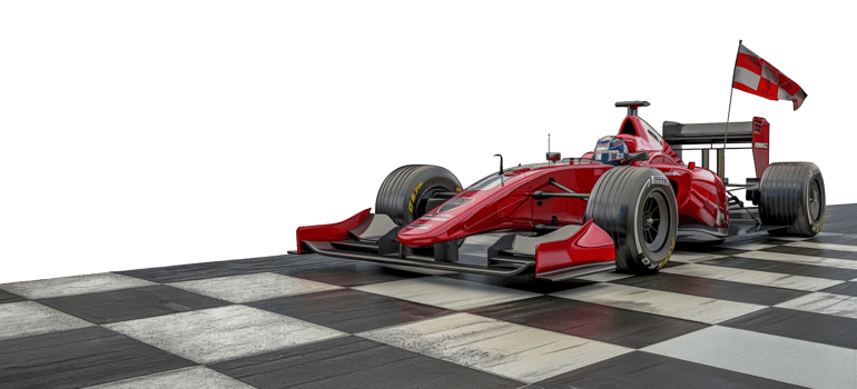 Red formula one racing car crossing checkered finish line, cut out - stock .. png