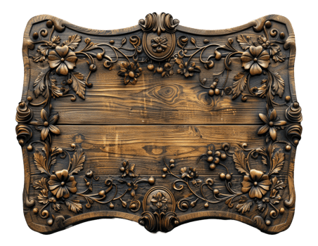 Ornate carved wooden frame with intricate details on transparent background - stock .. png