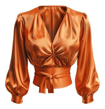 Elegant satin orange blouse with puff sleeves on transparent background - stock . png