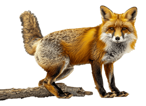 A fox is standing on a branch, looking at the camera - stock . png