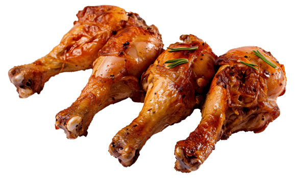 Four pieces of chicken are cooked and seasoned with herbs - stock .. png