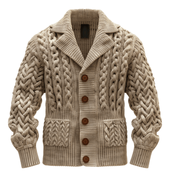 Tan shawl collar cardigan with cable knit design on transparent background - stock .. png