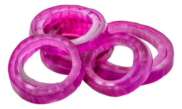 A close up of five purple onion rings - stock .. png