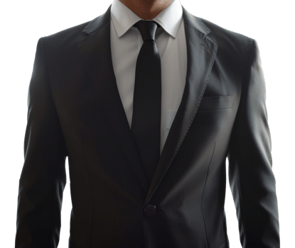 A man in a black suit and white shirt with a black tie - stock .. png