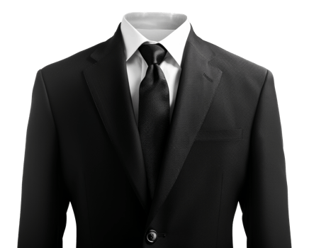 A man wearing a black suit and a white shirt with a black tie - stock .. png