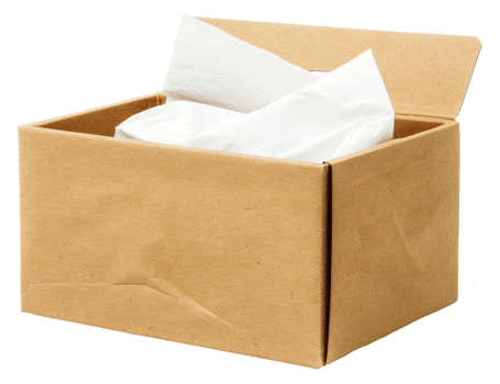 A brown cardboard box with white tissue paper inside - stock .. png