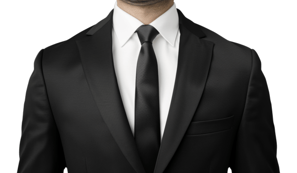A man in a black suit and white shirt with a black tie - stock .. png