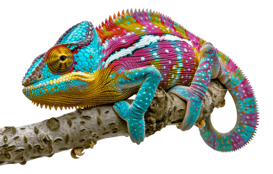 Colorful chameleon on branch, cut out - stock . png