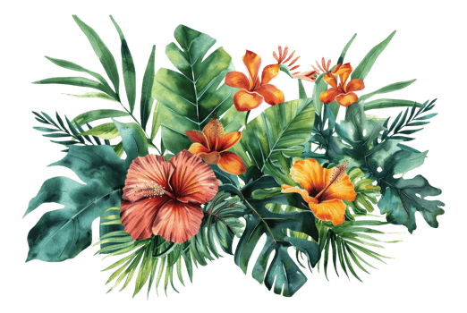 Watercolor tropical flowers and foliage arrangement on transparent background - stock . png