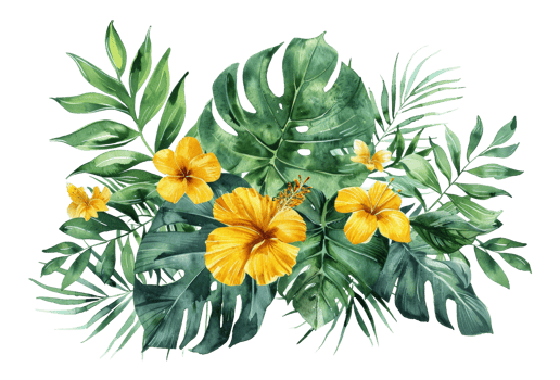 Watercolor tropical flowers and foliage arrangement on transparent background - stock . png