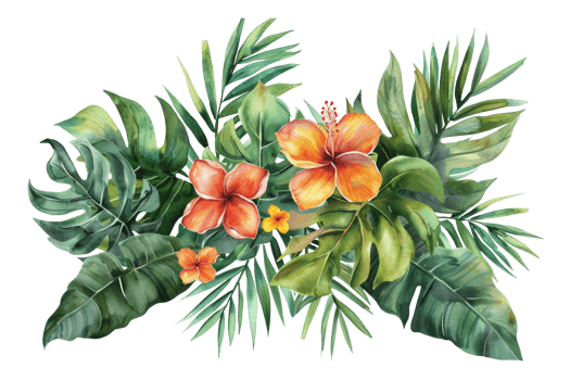 Watercolor tropical flowers and foliage arrangement on transparent background - stock . png