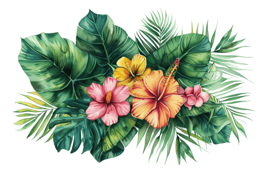 Watercolor tropical flowers and foliage arrangement on transparent background - stock . png