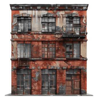 Distressed old brick building with damaged facade, cut out - stock . png