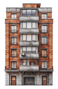 Contemporary brick apartment building with concrete elements, cut out - stock .. png