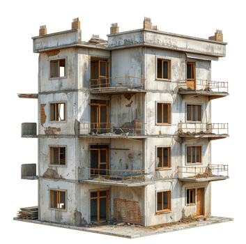 Dilapidated multi-story building, cut out - stock . png
