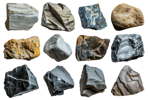 Varied collection of geological rock specimens, cut out - stock .. png