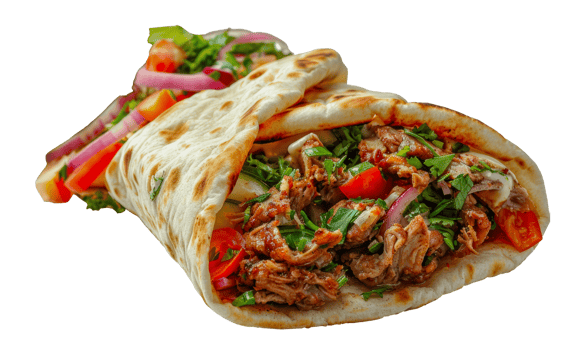 Delicious beef shawarma wrap with fresh vegetables, cut out - stock .. png