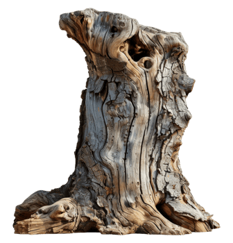Ancient weathered tree trunk, cut out - stock .. png