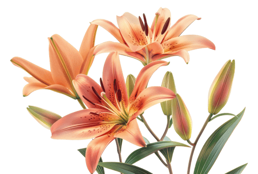 Three orange flowers with green leaves - stock .. png
