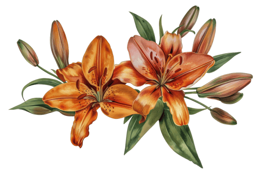 A drawing of two orange lilies with green leaves - stock .. png