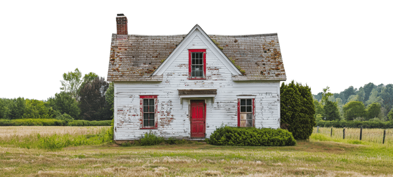 Abandoned white farmhouse with red trim in rural setting, cut out - stock .. png