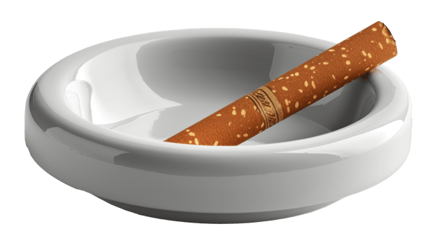White ceramic ashtray with a single cigarette, cut out - stock .. png