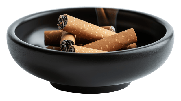 Black ceramic ashtray filled with cigarette butts, cut out - stock .. png