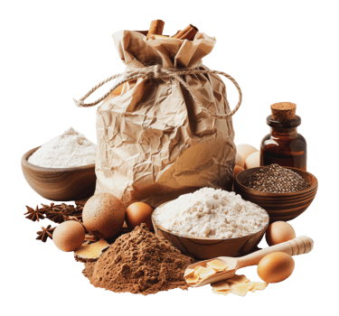 Assorted baking ingredients with flour, eggs, and spices, cut out - stock .. png