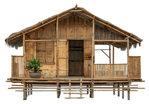 Rustic traditional bamboo house with thatched roof and wooden deck, cut out - stock . png
