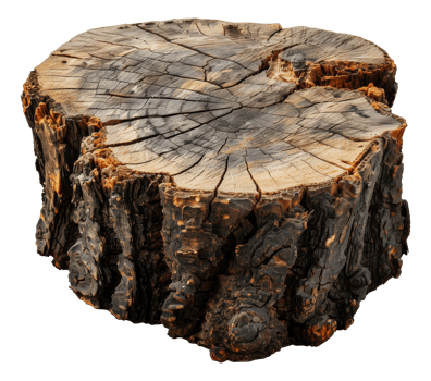 Detailed texture of a weathered tree stump, cut out - stock . png