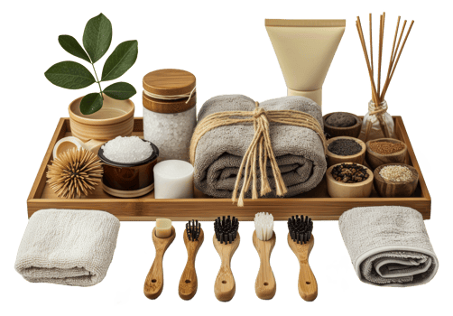 Natural spa and wellness products on bamboo tray, cut out - stock . png
