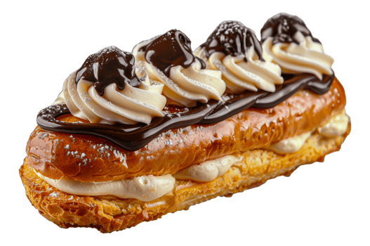 Gourmet chocolate and vanilla eclair, cut out - stock .. png