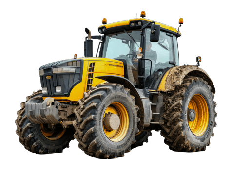 Heavy-duty yellow tractor with large wheels in the field, cut out - stock .. png