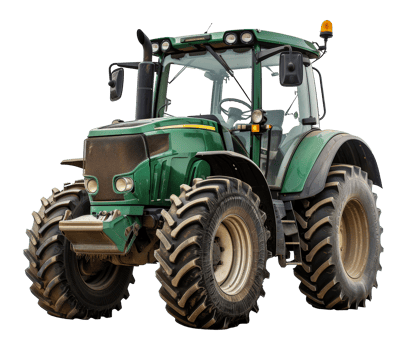 Green vintage tractor with large treaded wheels, cut out - stock . png