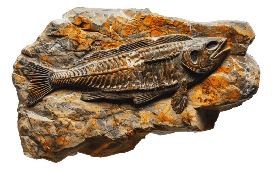 Detailed fish fossil on rock, cut out - stock .. png