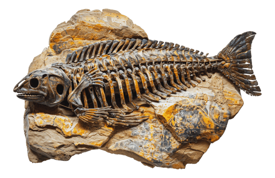 Detailed fish fossil on rock, cut out - stock .. png