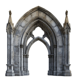 Weathered gothic archway with intricate stone details, cut out - stock .. png