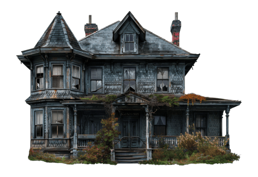 Victorian style abandoned house with detailed architecture, cut out - stock .. png